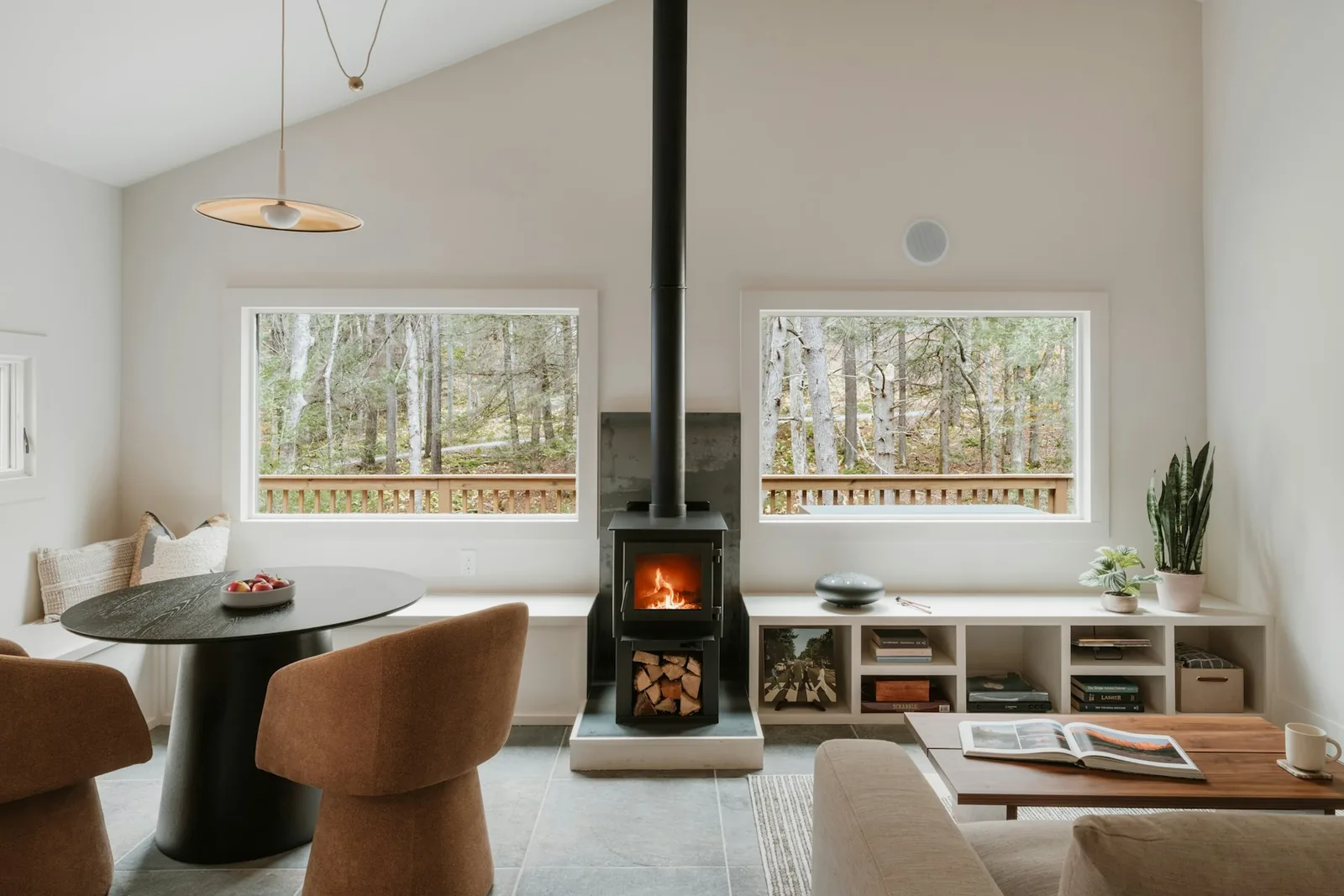 Black wood stove burning in a bright living room with forest views